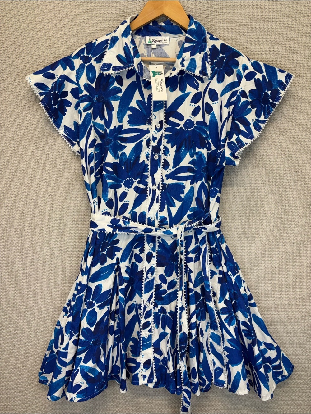 NWT Lapogee Mini Floral Blue Shirt Dress Size 2X Vibrant Belt Preppy Fit & Flare